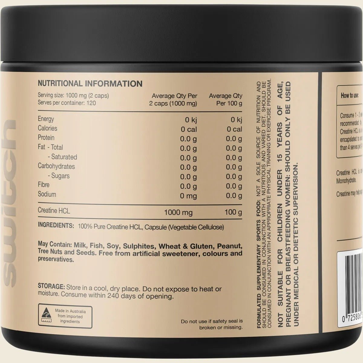 Switch Nutrition Creatine HCL Capsules, nutrition information panel